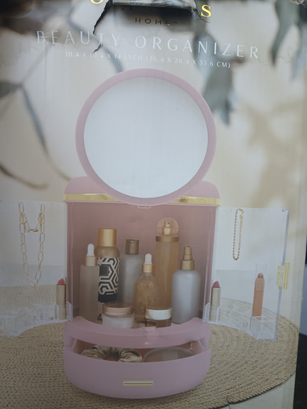 Pink Makeup Organizer with Gold Accents - Clear Front Cosmetic Storage